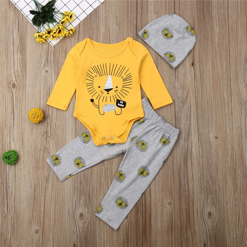 Newborn Infant Toddler Kids Baby Boy Autumn Lion Print Long Sleeve O-Neck Bodysuit Pants Hat Set 3Pcs Clothes Costume Clothing
Newborn Infant Toddler Kids Baby Boy Autumn Lion Print Long Sleeve O-Neck Bodysuit Pants Hat Set 3Pcs Clothes Costume Clothing