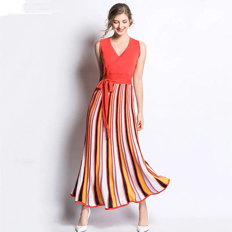 Women 2019 Spring Orange Knitting Dress Elegant Sleeveless V Neck Belt Long Pleated Dress Patchwork Striped Sweater Tank Dress
Women 2019 Spring Orange Knitting Dress Elegant Sleeveless V Neck Belt Long Pleated Dress Patchwork Striped Sweater Tank Dress