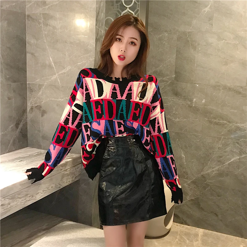 Autumn Winter Printed Sweater Women Pullover 2018 New Fashion Wild Tops Color Letters Loose Female Knit Sweaters NO561 | Женская одежда
