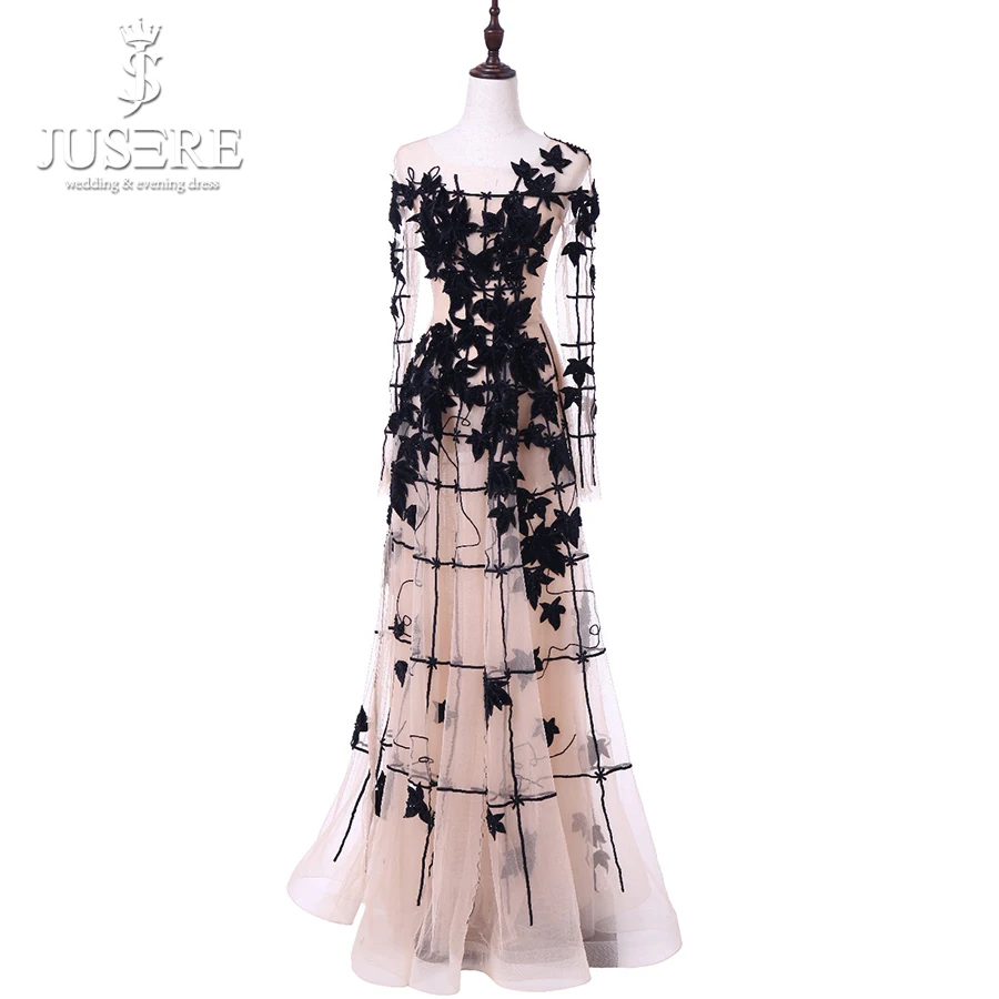 2019 Jusere High End Real Photos Black Leaf Appliques Illusion Bodice Evening Dress Elegant Long Sleeves Floor Length Gowns
2019 Jusere High End Real Photos Black Leaf Appliques Illusion Bodice Evening Dress Elegant Long Sleeves Floor Length Gowns