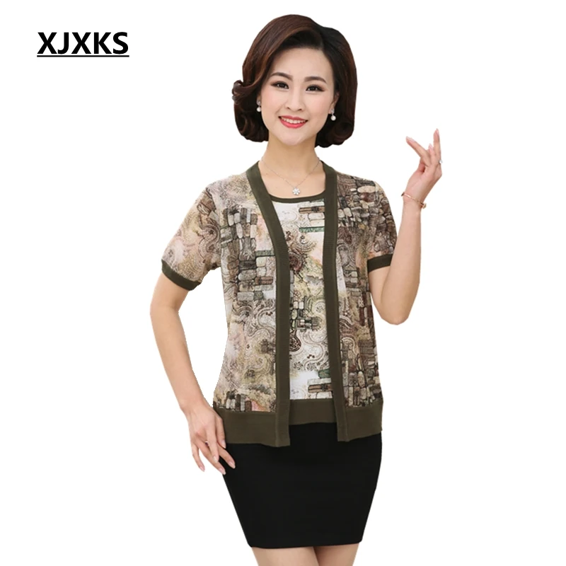 XJXKS New Arrivals 2017 Summer Women T-Shirts Fashion Leisure Fake Two Piece Knitted T-Shirt Retro Print Plus Size Mother Tops
XJXKS New Arrivals 2017 Summer Women T-Shirts Fashion Leisure Fake Two Piece Knitted T-Shirt Retro Print Plus Size Mother Tops