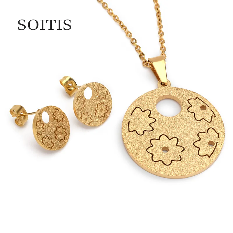 SOITIS 316L Stainless Steel Jewelry Women Shinning Earrings Flower Pattern Round Pendant Necklace Gold Color Chain Jewelry Sets
SOITIS 316L Stainless Steel Jewelry Women Shinning Earrings Flower Pattern Round Pendant Necklace Gold Color Chain Jewelry Sets
