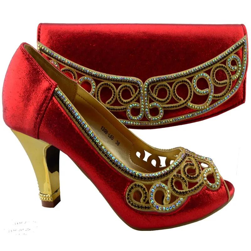 Women Pumps Wedding Shoe And Bag Set High Heels African Shoe And Matching Bag Set With Stones For Party Red 1308-L65