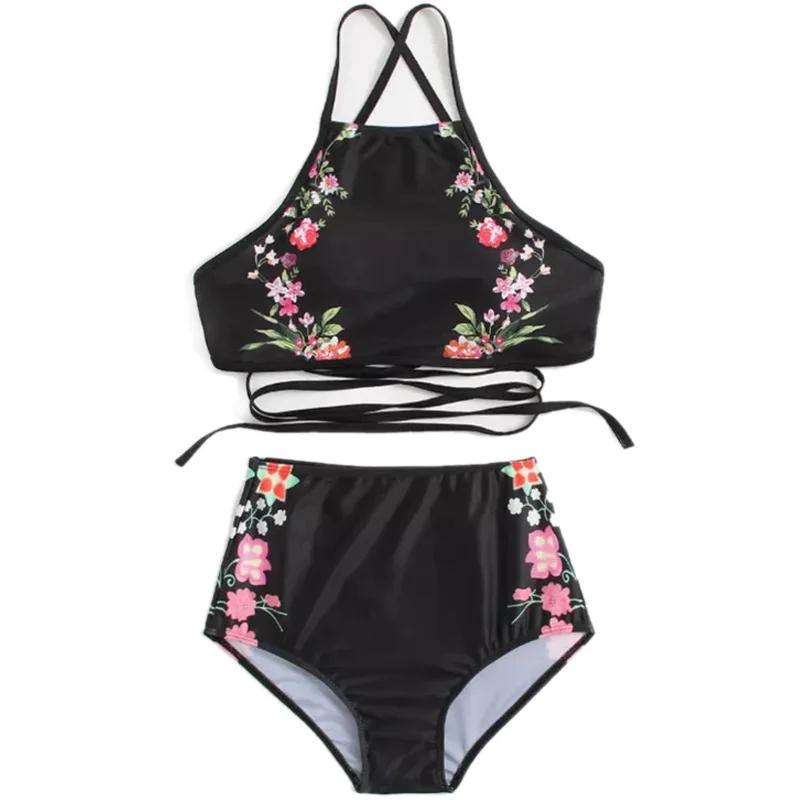 Women Black Flower Print Halter Bikini Set Backless Tank High Waist Two Pieces Swimwear
Women Black Flower Print Halter Bikini Set Backless Tank High Waist Two Pieces Swimwear