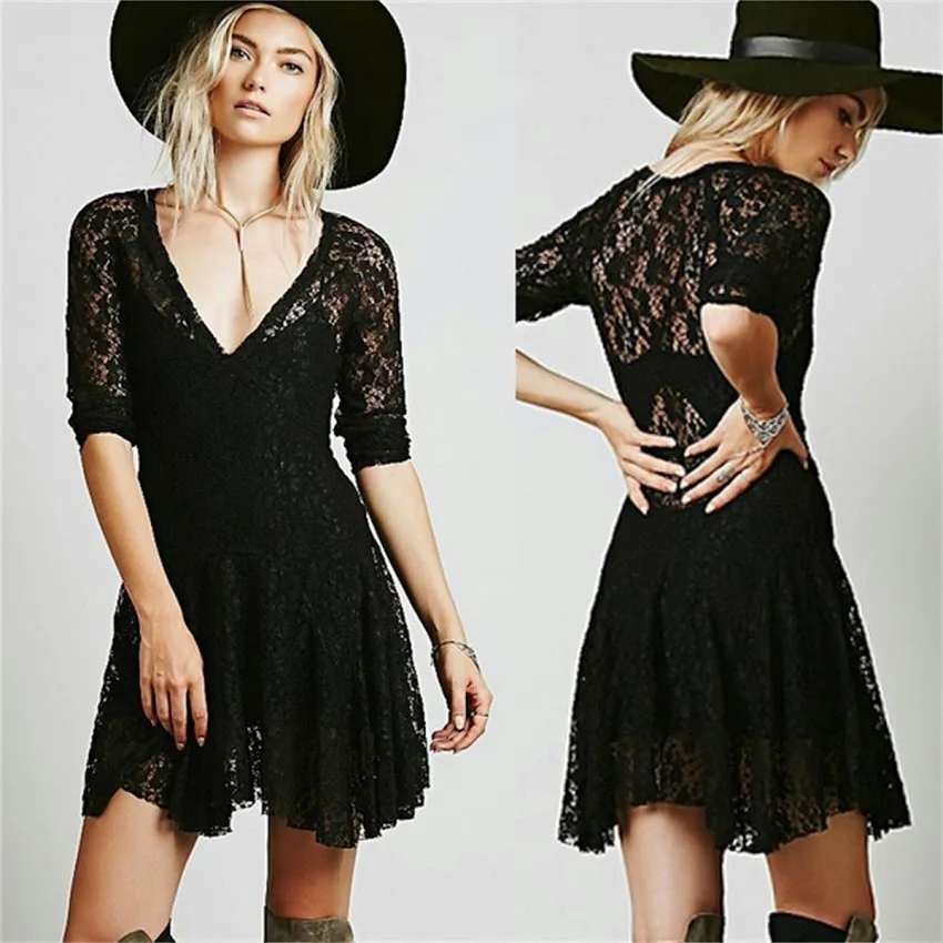 New Women Sexy V-neck Lace Mini Dresses 3/4 Sleeve A-line Bodycorn Mini Party Dress
New Women Sexy V-neck Lace Mini Dresses 3/4 Sleeve A-line Bodycorn Mini Party Dress