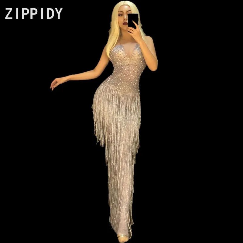Flashing Rhinestones Tassel See Through Long Dress Women's Birthday Party Celebrate Dress Bar Women Dance Mesh Dress YOUDU
Flashing Rhinestones Tassel See Through Long Dress Women's Birthday Party Celebrate Dress Bar Women Dance Mesh Dress YOUDU