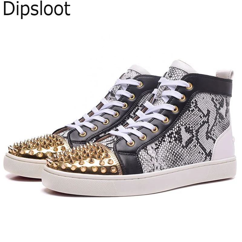 Hot Rivets Studs Python Leather Patchwork Flats Shoes High Top Women Sneaker Lace-Up Shoes Men Glitter Gold toe Casual Shoes
Hot Rivets Studs Python Leather Patchwork Flats Shoes High Top Women Sneaker Lace-Up Shoes Men Glitter Gold toe Casual Shoes