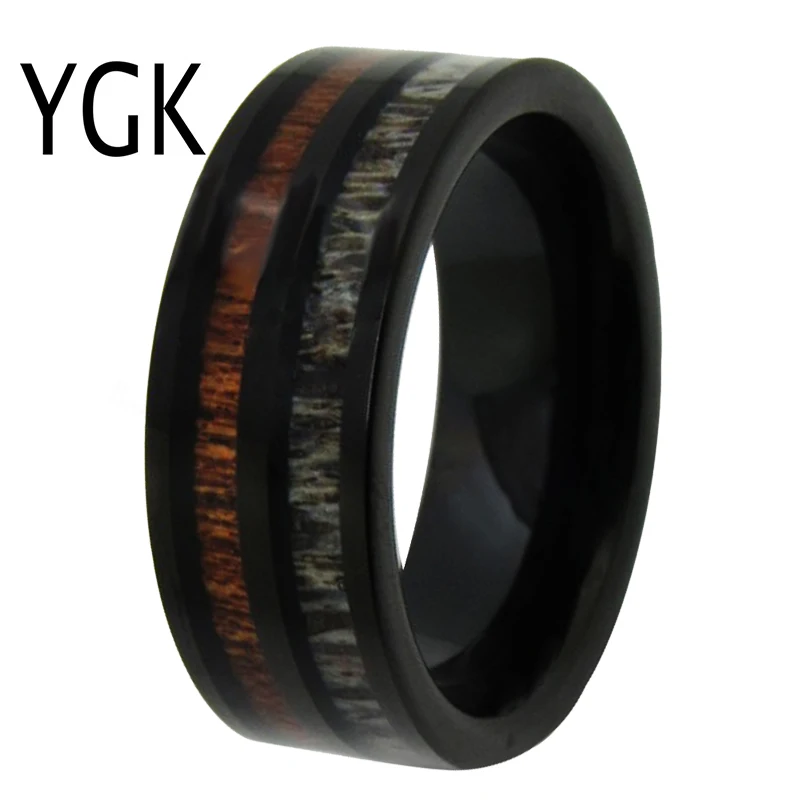 

YGK Wedding Jewelry Deer Antler& Wood Inlay Black Pipe Tungsten Rings for Men's Bridegroom Wedding Engagement Anniversary Ring