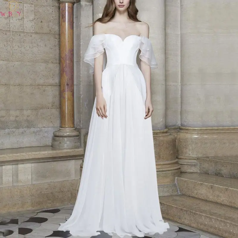 2019 Elegant Wedding Dresses Bridal Gowns White A-line Chiffon Boat Neck Ruffles Off The Shoulder Floor Length vestido de noiva 
2019 Elegant Wedding Dresses Bridal Gowns White A-line Chiffon Boat Neck Ruffles Off The Shoulder Floor Length vestido de noiva