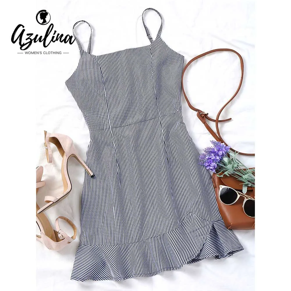 

ZAFUL Plaid Dress Women Casual Spaghetti Strap Sleeveless Cotton Checked Ruffles Back Zip Mini Dress Summer Dress Robe Vestido