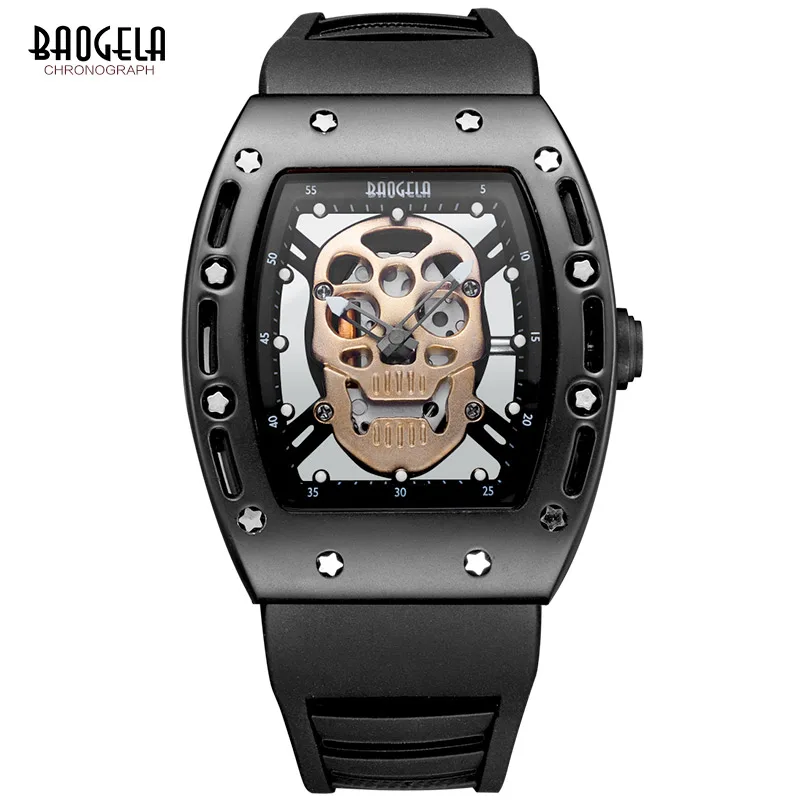 

Baogela Fashion Mens Skeleton Skull Luminous Quartz Watches Military Style Black Silicone Rectangle Dial Relogio Masculino 1612