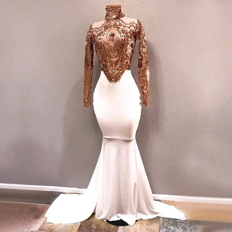 Gold White Long Mermaid Prom Dresses New Long Sleeve Sequined High Neck Floor Length See Through Formal Evening Dress Party Gown
Gold White Long Mermaid Prom Dresses New Long Sleeve Sequined High Neck Floor Length See Through Formal Evening Dress Party Gown