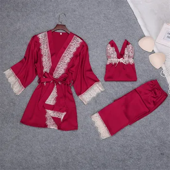 Women Sexy Pijamas Silky Pajama Set Lace Robe 3pcs Suit with Chest Pad Satin Lingerie Long Pants Sleepwear Female Lounge Wear
Women Sexy Pijamas Silky Pajama Set Lace Robe 3pcs Suit with Chest Pad Satin Lingerie Long Pants Sleepwear Female Lounge Wear