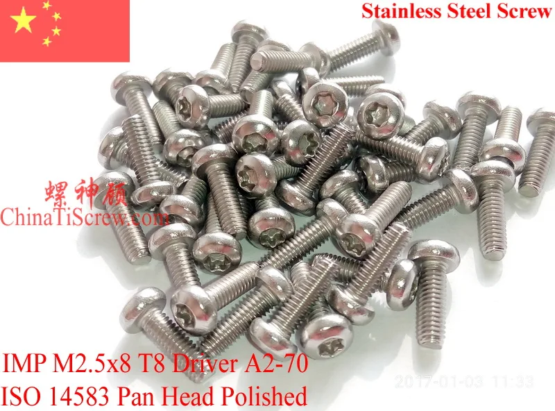 Stainless Steel Screws M2.5x8 ISO 14583 Pan Head Torx T8 A2-70 Polished ROHS 100 pcs
Stainless Steel Screws M2.5x8 ISO 14583 Pan Head Torx T8 A2-70 Polished ROHS 100 pcs