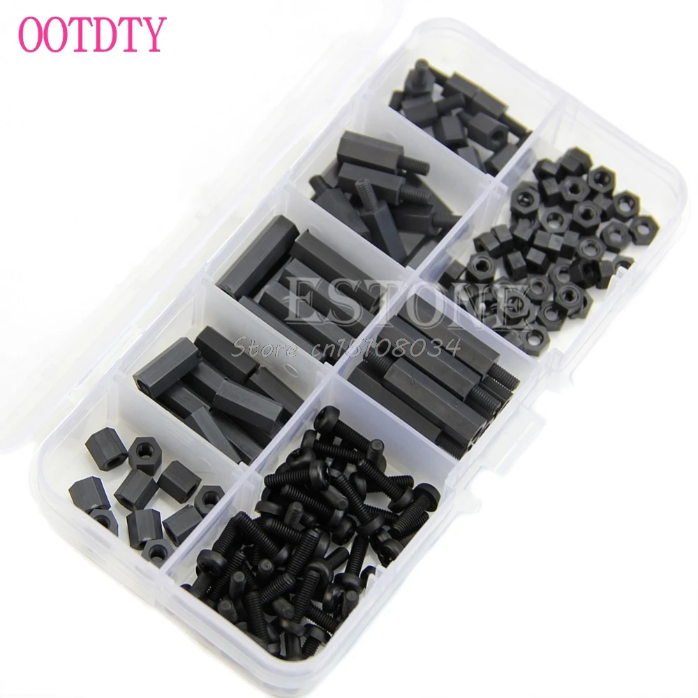 

160Pcs M3 Nylon Black M-F Hex Spacers Screw Nut Assortment Kit Stand off Set Box S08 Drop ship