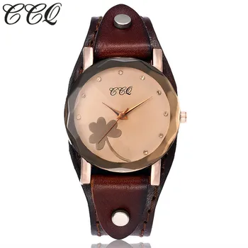 

CCQ Brand Vintage Cow Leather Clover Bracelet Watch Unisex Women Men Casual Leather Quartz Wristwatches Clock Gift Montre Femme