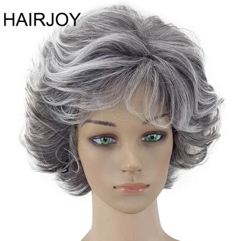 

HAIRJOY Women Wig 2 Tones Grey White Ombre Synthetic Short Layered Curly Hair Puffy Bangs Heat Resistant 9 Color Available