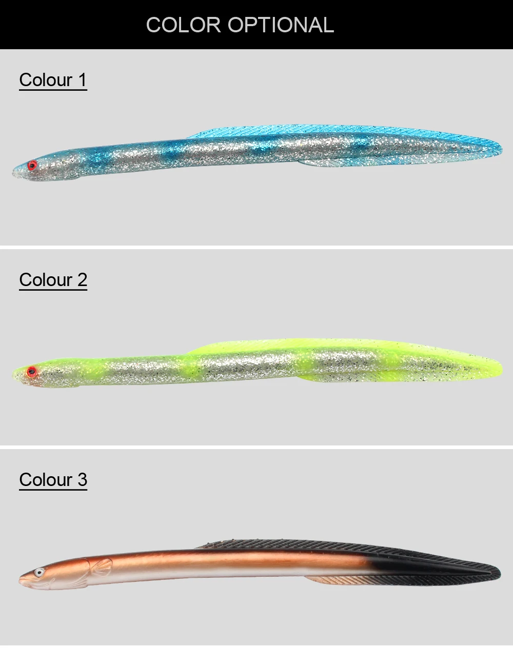 3pcLot Simulation Of Three-Dimensional Eel Lure Soft Baits Sinking Fishing Lure 29.5cm, 57g, 5 Colors Eels For Big Game (7)
