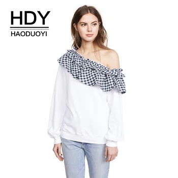 HDY Haoduoyi 2020 Women One Sholder Plaid Frill Color Block Sweatshirts Fashion Neckline Long Puff Sleeve Sexy Tops For Female
HDY Haoduoyi 2020 Women One Sholder Plaid Frill Color Block Sweatshirts Fashion Neckline Long Puff Sleeve Sexy Tops For Female