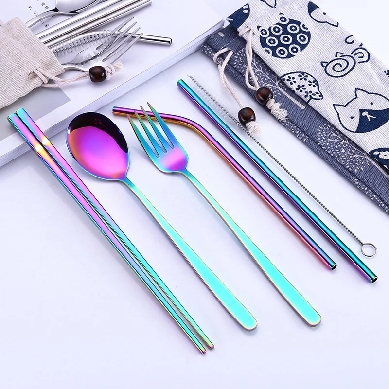 

3/5PCS Stainless Steel Dinnerware Set Spoon Fork Chopsticks Straw With Cloth Pack Cutlery For Travel Outdoor Office Picnic BBQ