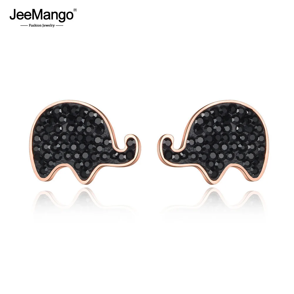 JeeMango Trendy Rose Gold Black Clay Shiny Crystal Elephant Stud Earrings For Women Anniversary Girl's Jewelry JE19099 | Украшения и