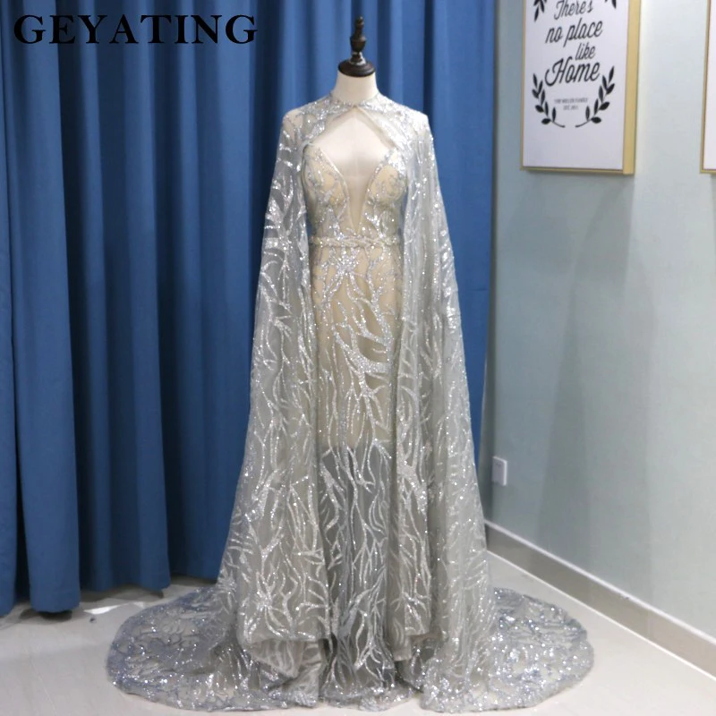 Sparkly Sequins Silver Mermaid Evening Dress with Cape 2019 Arabic Spaghetti Straps Long Prom Dresses for Wedding Formal Gowns
Sparkly Sequins Silver Mermaid Evening Dress with Cape 2019 Arabic Spaghetti Straps Long Prom Dresses for Wedding Formal Gowns