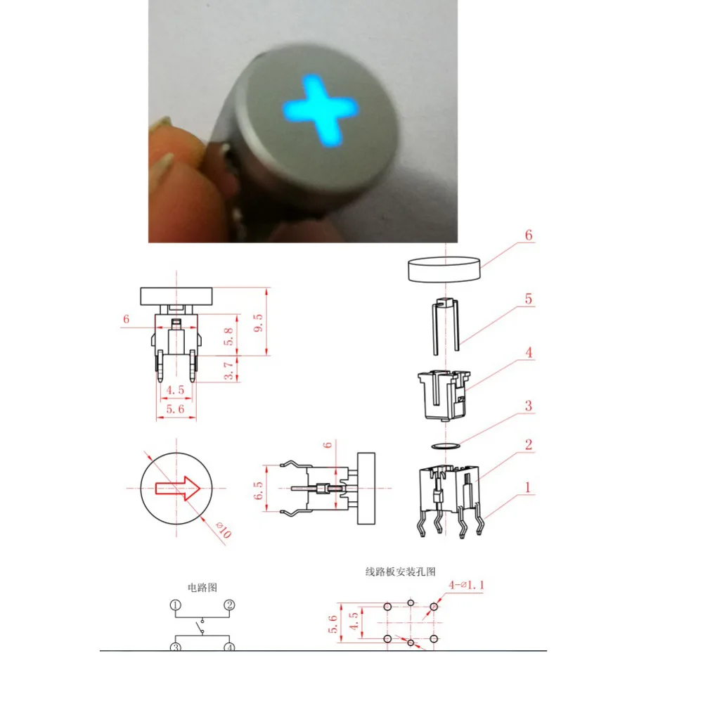

5pcs LED 10mm Cap + Plus 12V 50mA Momentary Tact Push Button Switch