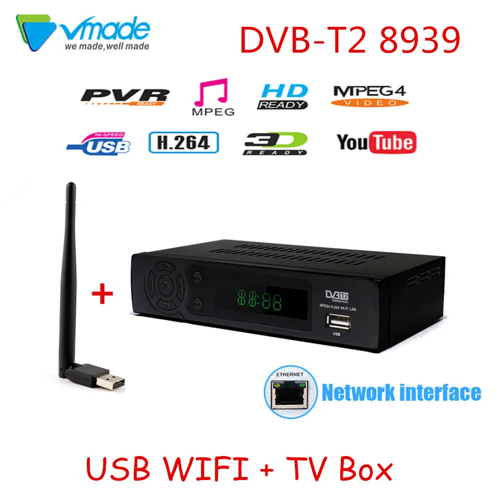 

Vmade DVB T2 HD Digital Terrestrial TV Receiver Tuner H.264 HD 1080p Support YouTube PVR DVB T2 8939 Set Top Box with USB WIFI