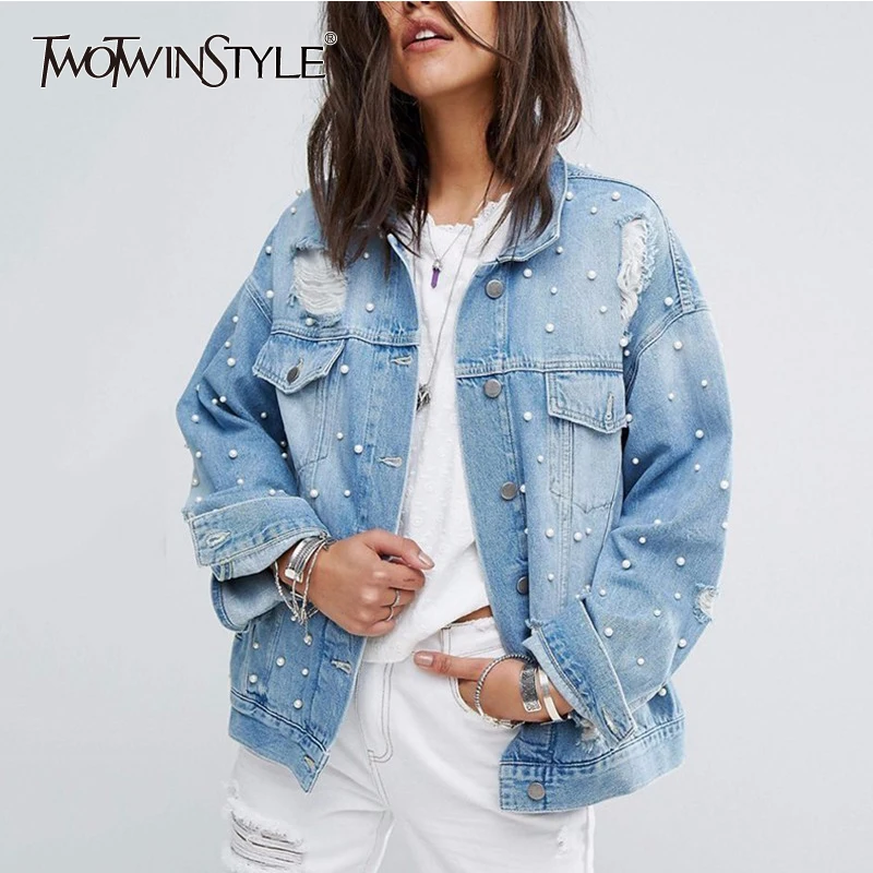 TWOTWINSTYLE Beading Denim Jacket Female Hole Lapel Collar Batwing Sleeve Large Size Coats For Women Spring Fashion Clothing
TWOTWINSTYLE Beading Denim Jacket Female Hole Lapel Collar Batwing Sleeve Large Size Coats For Women Spring Fashion Clothing