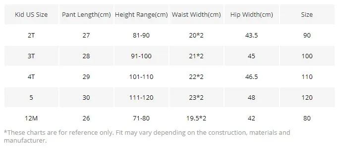 Girls Shorts Size Chart