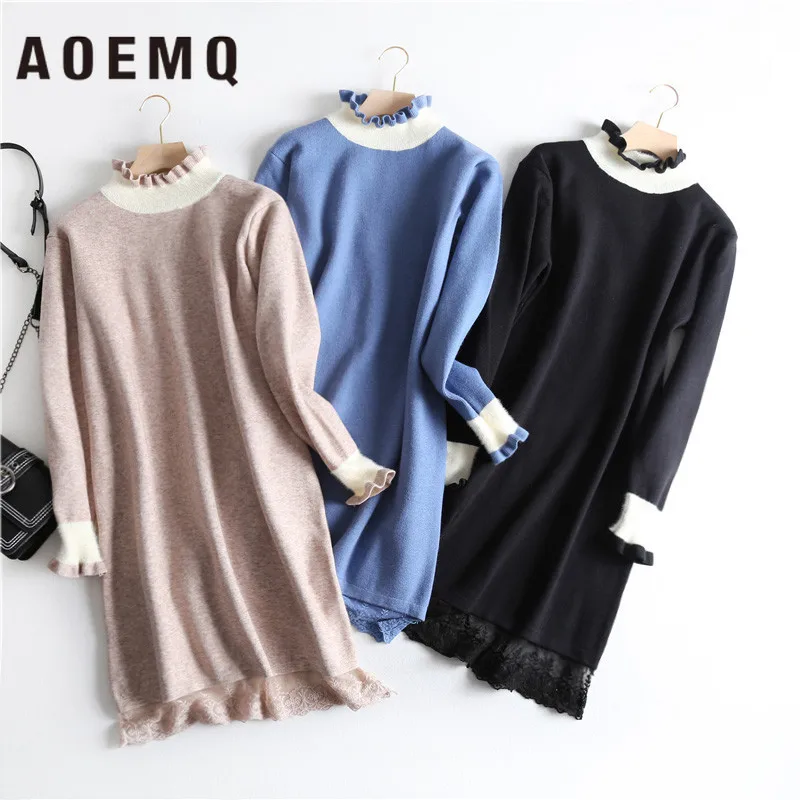 AOEMQ Mesh Lace Stitching Contrast Color Retro Loose Wood Ear Half-high Collar Middle Long Bottom Knit Sweater Dress | Женская одежда