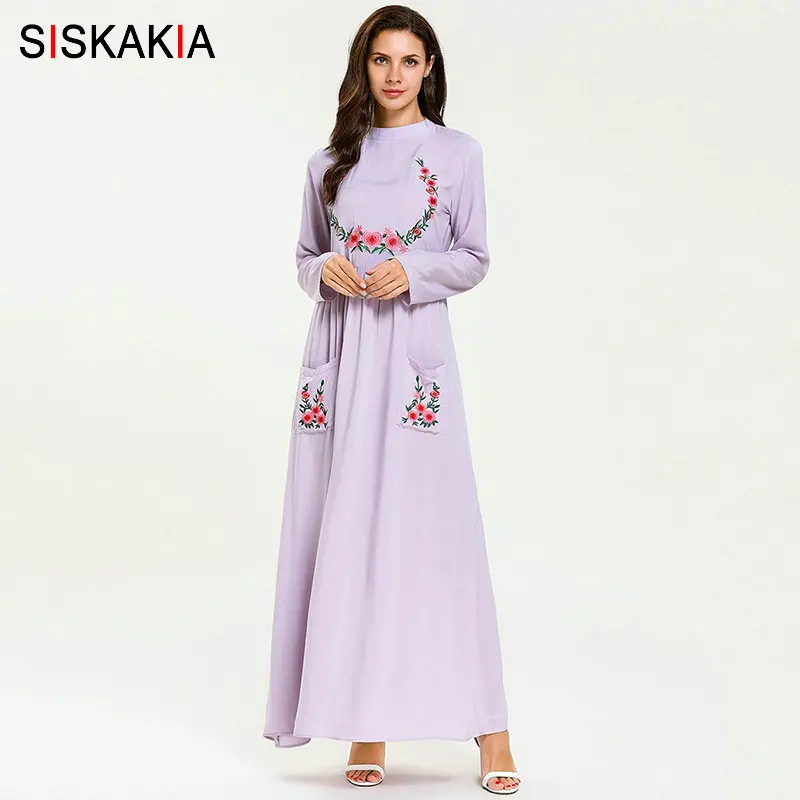 Siskakia Muslim Young Ladies Purple Long Dress Ramadan Floral Embroidery Maxi Dresses Stand Collar Long Sleeve Front Pockets New
Siskakia Muslim Young Ladies Purple Long Dress Ramadan Floral Embroidery Maxi Dresses Stand Collar Long Sleeve Front Pockets New