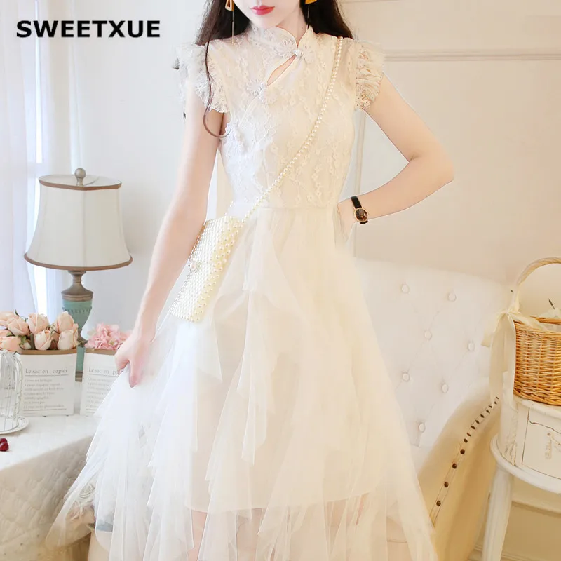 SWEETXUE Vintage Fairy Buckle Improved Cheongsam Dress 2019 Summer Irregular Lace Print Mesh Cake Long Party Dress
SWEETXUE Vintage Fairy Buckle Improved Cheongsam Dress 2019 Summer Irregular Lace Print Mesh Cake Long Party Dress