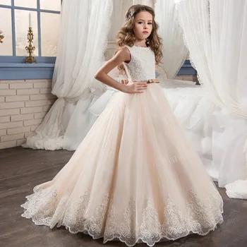 Flower Applique Girl Dress Rhinestone Bow Communion Gowns Kids Lace Ball Gown Champagne Baby Costume Pageant Prom Dresses
Flower Applique Girl Dress Rhinestone Bow Communion Gowns Kids Lace Ball Gown Champagne Baby Costume Pageant Prom Dresses