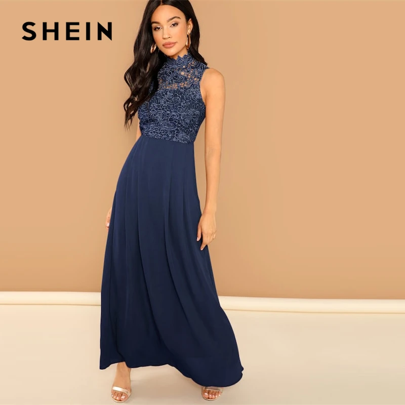 SHEIN Party Navy Guipure Lace Overlay Bodice Stand Collar Maxi Sleeveless Dress Women 2019 Spring Sleeveless High Waist Dresses
SHEIN Party Navy Guipure Lace Overlay Bodice Stand Collar Maxi Sleeveless Dress Women 2019 Spring Sleeveless High Waist Dresses