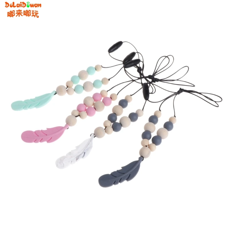 Baby BPA Free Silicone Teether Chain Charm Feather Beads Necklace Teething Toy Jewelry | Мать и ребенок