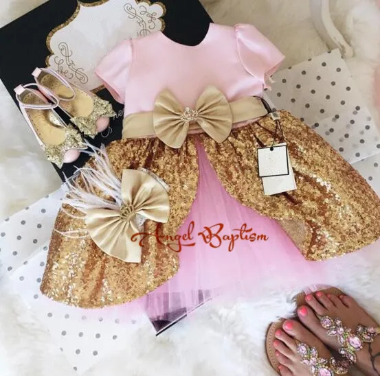 

Sparkly Pretty Pink flower girl dresses gold sequins baby girl princess tutu dress 1st birthday prom party outfit with bow