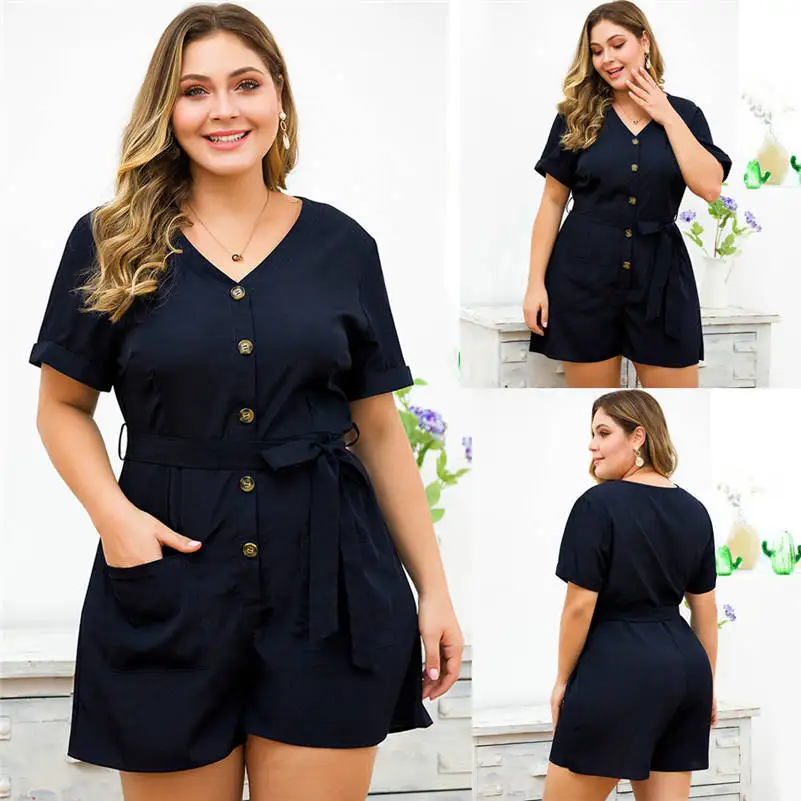 2019 Rompers jumpsuit mono mujer Women's Plus Size V-neck Short-Sleeved Belt Button Wide-Leg Shorts Jumpsuit Casual wild 661R4
2019 Rompers jumpsuit mono mujer Women's Plus Size V-neck Short-Sleeved Belt Button Wide-Leg Shorts Jumpsuit Casual wild 661R4