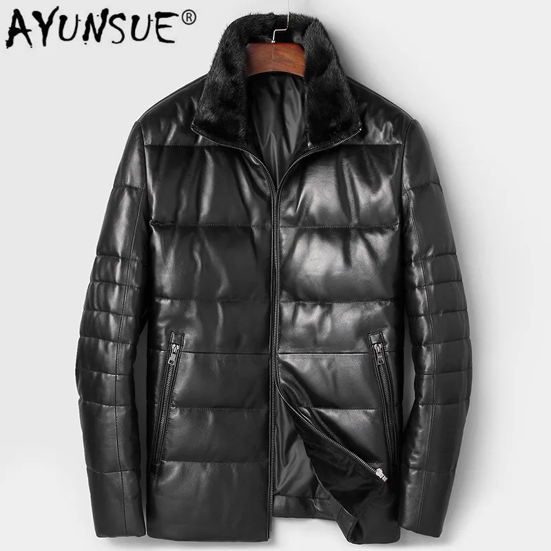 

AYUNSUE Winter Genuine Leather Jacket Men Warm Sheepskin Coat Real Mink Fur Collar Down Cotton Jackets Veste Cuir Homme 81C7165