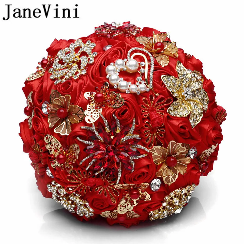 JaneVini Classic Red Crystal Wedding Bouquet with Jewelry Satin Rose Fleurs Luxury Gold Flowers Boutonniere Pearl Bridal | Свадьбы и