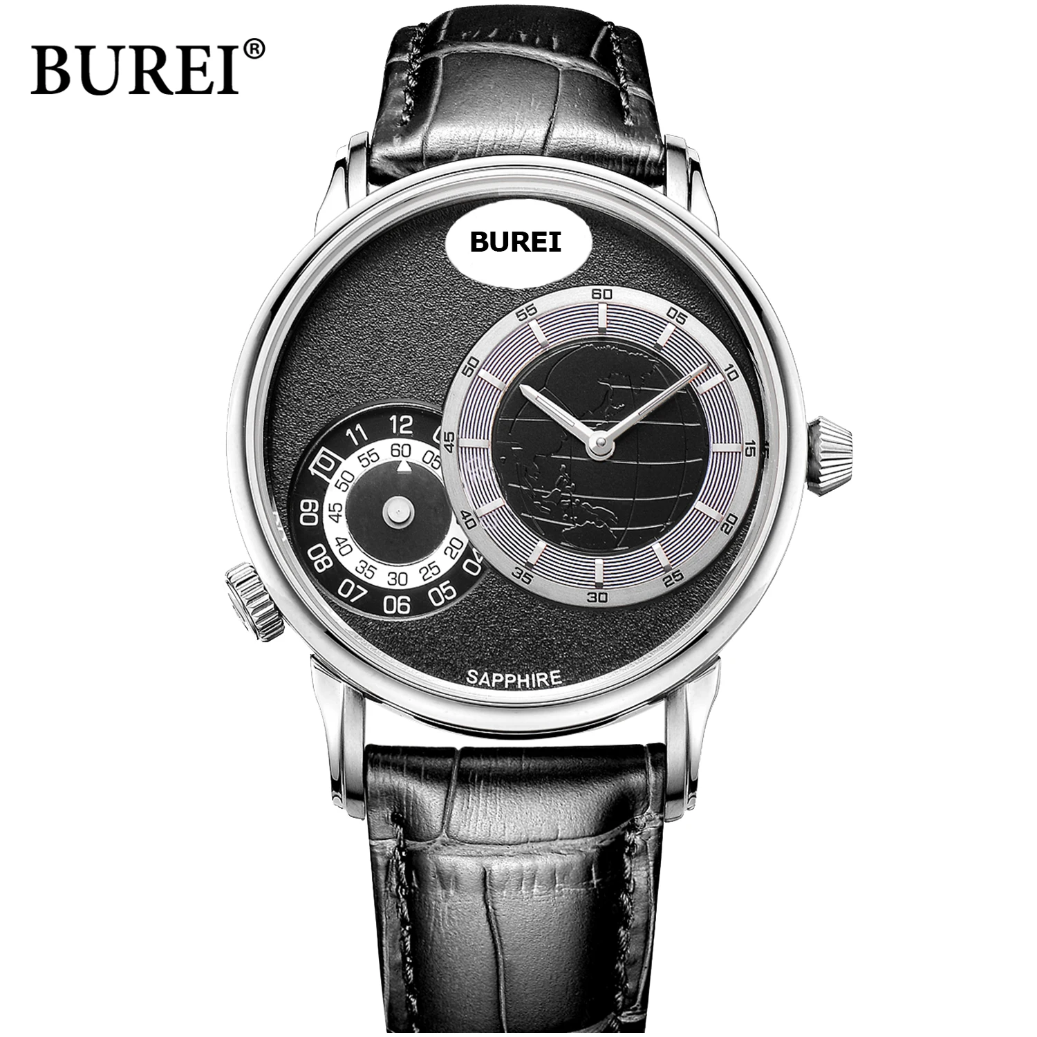 BUREI BM-5009-P0 Men's Quartz Watch w/ Dual-Time Zone & Leather Band & Analog Dial Waterproof