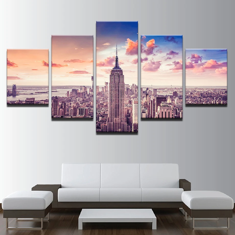 

Wall Art Decor Canvas Pictures HD Prints Living Room 5 Pieces Sunset New York City Building Paintings Cityscape Poster Unframed