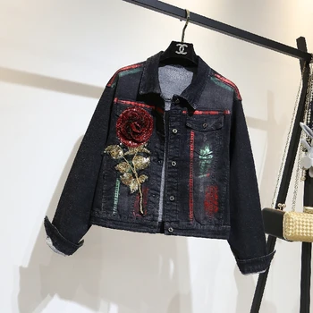 New Spring Autumn All-match Hot Stamping Red Rose Denim Jackets for Women Sequins Embroidery Flower Black Long Sleeve Denim Coat
New Spring Autumn All-match Hot Stamping Red Rose Denim Jackets for Women Sequins Embroidery Flower Black Long Sleeve Denim Coat