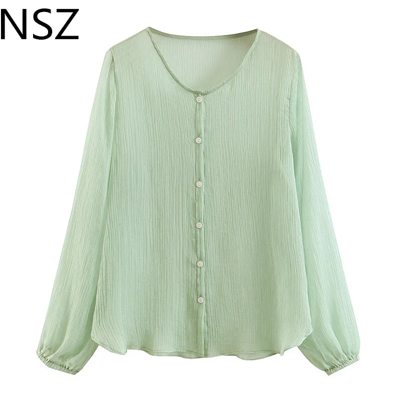 NSZ Women Solid Chiffon Summer Blouse Sheer Shirt Long Sleeve Round Collar See Through Loose Ladies Fashion Top Camisa mujer
NSZ Women Solid Chiffon Summer Blouse Sheer Shirt Long Sleeve Round Collar See Through Loose Ladies Fashion Top Camisa mujer