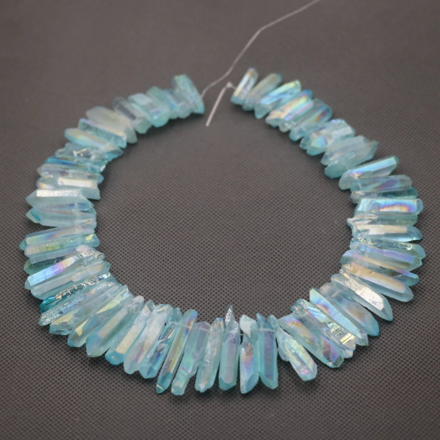 

Approx 54pcs/strand Natural Raw Aqua AB Quartz Crystal Point Pendant Rough Top Drilled Spike Gem Beads Crystal Women Necklace