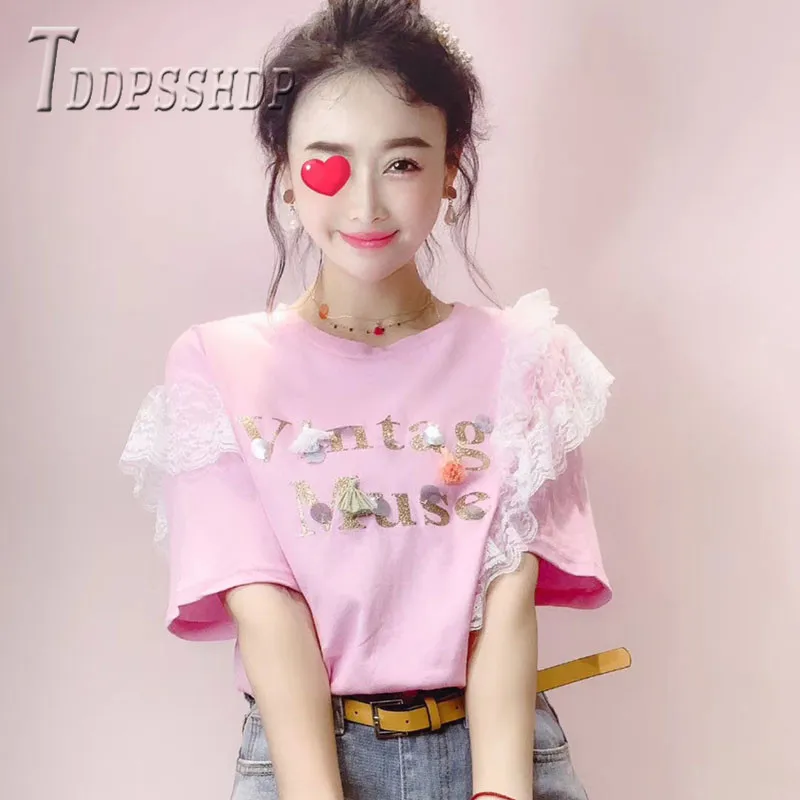 2019 Summer 95% Cotton Women T Shirt Sweet Patchwork Letter Print Female Tee Shirts
2019 Summer 95% Cotton Women T Shirt Sweet Patchwork Letter Print Female Tee Shirts