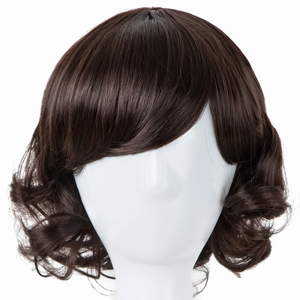 

Fei-Show Inclined Bangs Hair Synthetic Heat Resistance Fiber Dark Brown Short Curly Children Wigs for 50CM Head Circumference