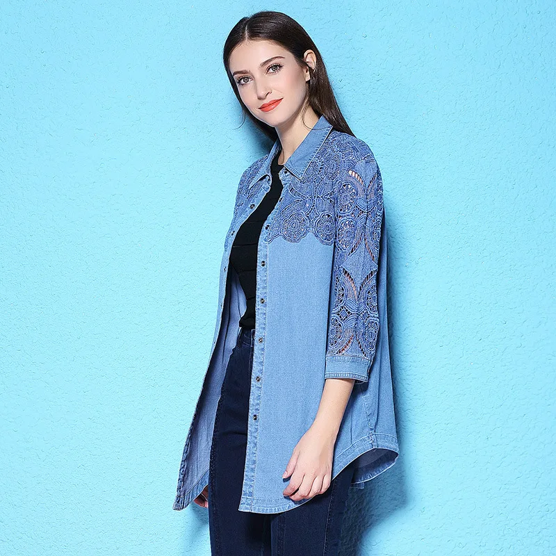 Summer and Autumn women blouse long three quarter sleeve denim shirt lace holllow out big size women's denim shirt NW17C1184 
Summer and Autumn women blouse long three quarter sleeve denim shirt lace holllow out big size women's denim shirt NW17C1184