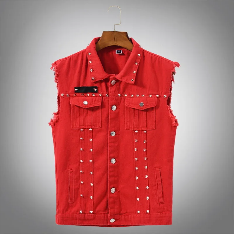 

Idopy Fashion Red Mens Rivet Denim Vest Punk Party Studded Slim Fit Jean Jacket Male Sleeveless Waistcoat For Men Plus Size