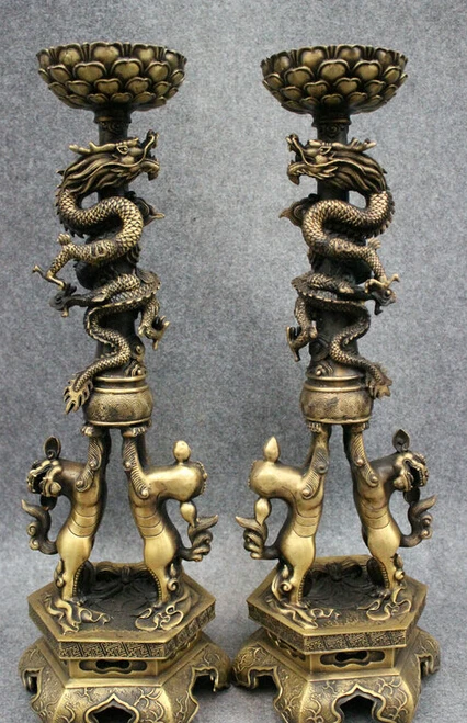 JP S62 24" Chinese Bronze Decorate Dragon Lion Statue Lotus Candle Stick Holder Pair
JP S62 24" Chinese Bronze Decorate Dragon Lion Statue Lotus Candle Stick Holder Pair